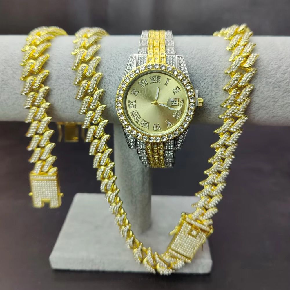 Hip Hop Quartz Men's Watch With Cuban Link Bracelet & Necklace Set - Stylish Square Dial Alloy Wristwatch For Men_voghion.com