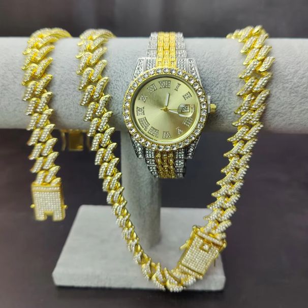 Hip Hop Quartz Men's Watch With Cuban Link Bracelet & Necklace Set - Stylish Square Dial Alloy Wristwatch For Men_voghion.com