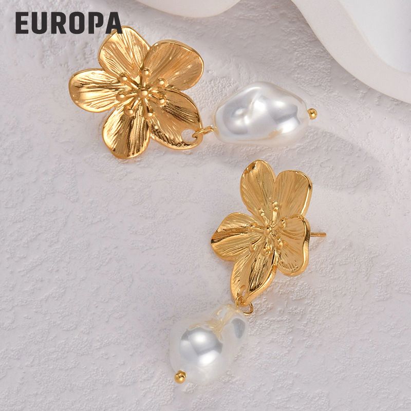 Damenschmuck, elegante Perlenohrringe aus Edelstahl im französischen Stil mit Blumen- und Quastendesign, hypoallergen und leicht für den täglichen Gebrauch_voghion.com