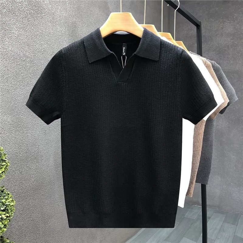Herrenbekleidung Frühling und Sommer V-Ausschnitt Poloshirt Business Atmungsaktiv Neuer Herren Strickpullover Kurzarm T-Shirt Loses Revers Einfarbig_voghion.com