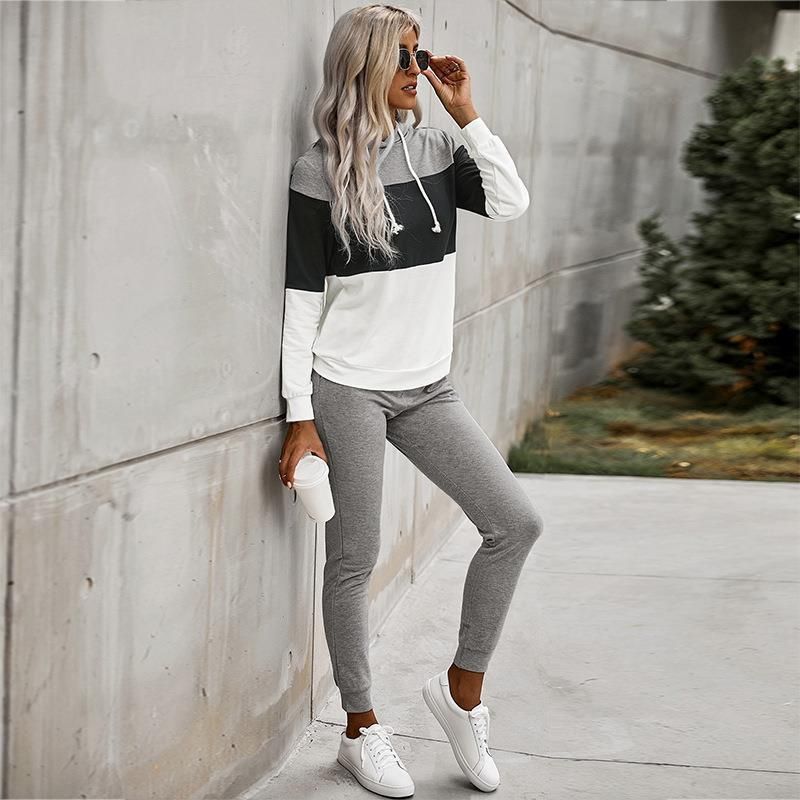 Set con cappuccio casual a maniche lunghe con giunzione a blocchi di colore alla moda da donna_voghion.com