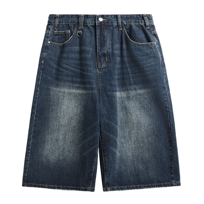 Abbigliamento maschile Hong Kong Style Retro Distressed Uomo Pantaloncini in denim larghi a gamba larga alla moda Estate pigro Stile nostalgico Colore Vintage Seven Point_voghion.com