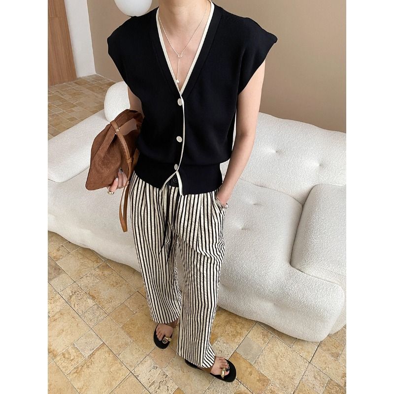 Gilet in maglia con maniche a palloncino, sottile e attillato, con scollo a V, bordo a contrasto di colore, stile Lao Qian Commuting Sensation_voghion.com