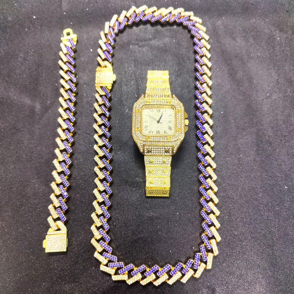 Set regalo con collana e bracciale tempestato di diamanti Hip Hop, set di orologi con catena cubana_voghion.com