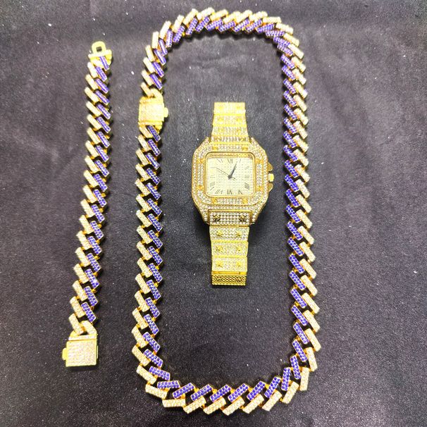 Set regalo con collana e bracciale tempestato di diamanti Hip Hop, set di orologi con catena cubana_voghion.com
