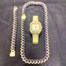 Set regalo con collana e bracciale tempestato di diamanti Hip Hop, set di orologi con catena cubana_voghion.com