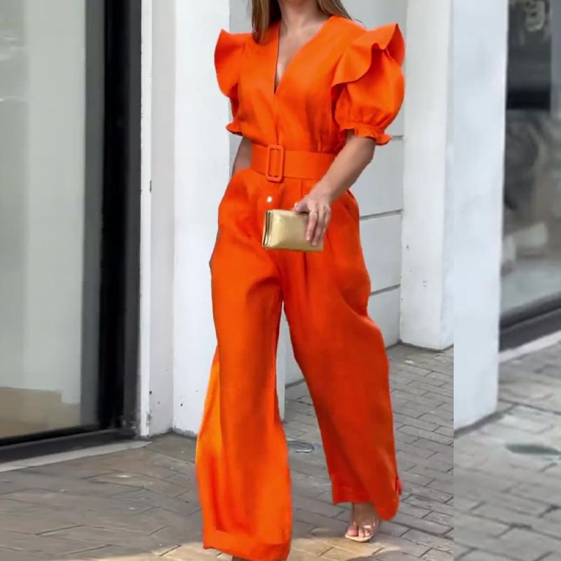 Mono con pernera ancha para mujer, novedad de verano, moda, manga abullonada, cintura, color sólido_voghion.com