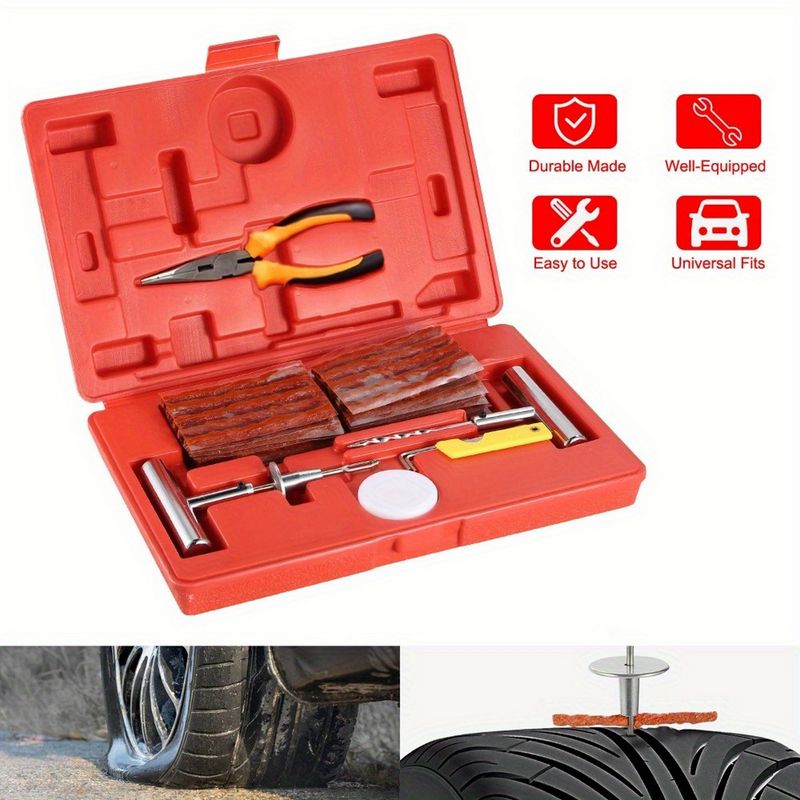 58pcs tire puncture repair kit, car tire plug kit, heavy-duty universal tire puncture repair kit (red)_voghion.com