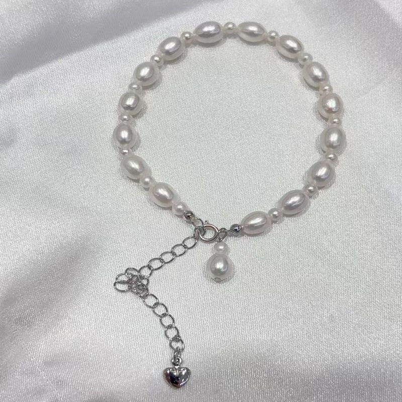 Bracciale con perle coltivate d'acqua dolce naturali - Lucentezza intensa, design semplice in argento, elegante stile foresta per gli amanti della moda_voghion.com