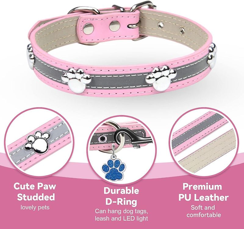 SQCLV Reflective Dog Collar With Cute Paw Rivet Studded Funny Soft PU Leather Adjustable Puppy Dog Collars For Small Medium Large Dogs Cats (Pink,Smal_voghion.com