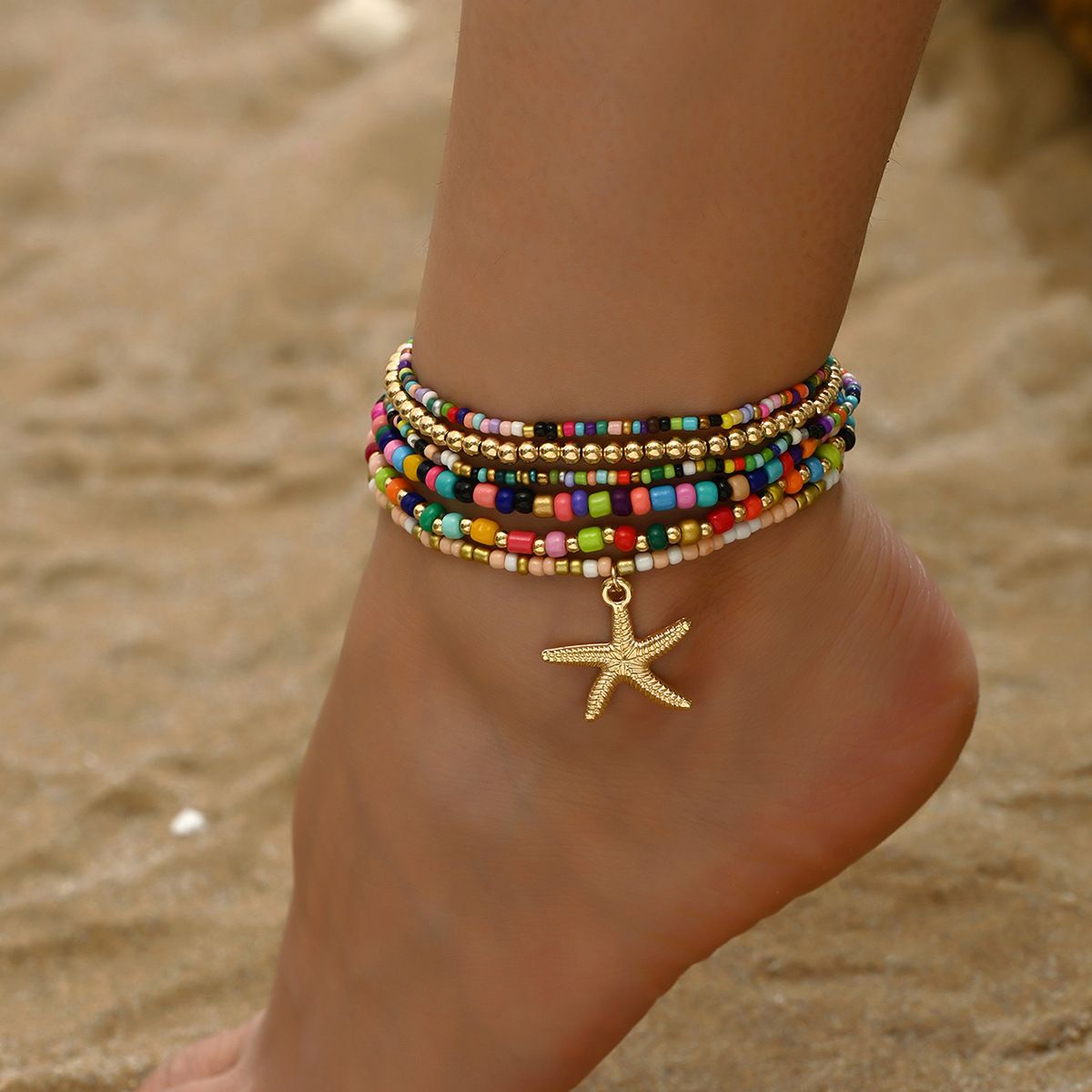 Summer Beach Rice Bead Anklet Vacation Style Alloy Starfish Pendant Multi-layer Foot Jewelry For Women_voghion.com