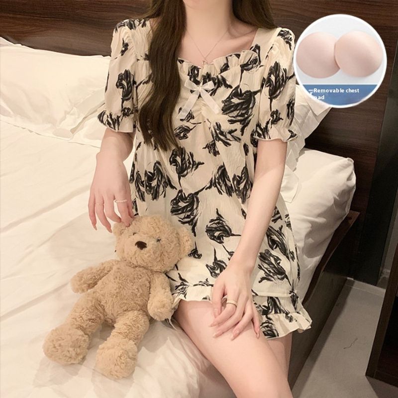Pijama de verano 2024 para mujer, de manga corta, tejido de algodón con nubes y cojín en el pecho, estilo princesa, para el hogar._voghion.com