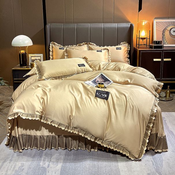 Luksus sengeskørtsæt - 4 stk. sengetøj i vasket silke- og tencelblanding med issilke og blondekant_voghion.com