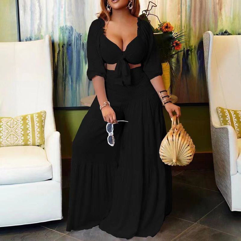 Women's sexy fashion casual street suit pleated solid color two-piece set_voghion.com