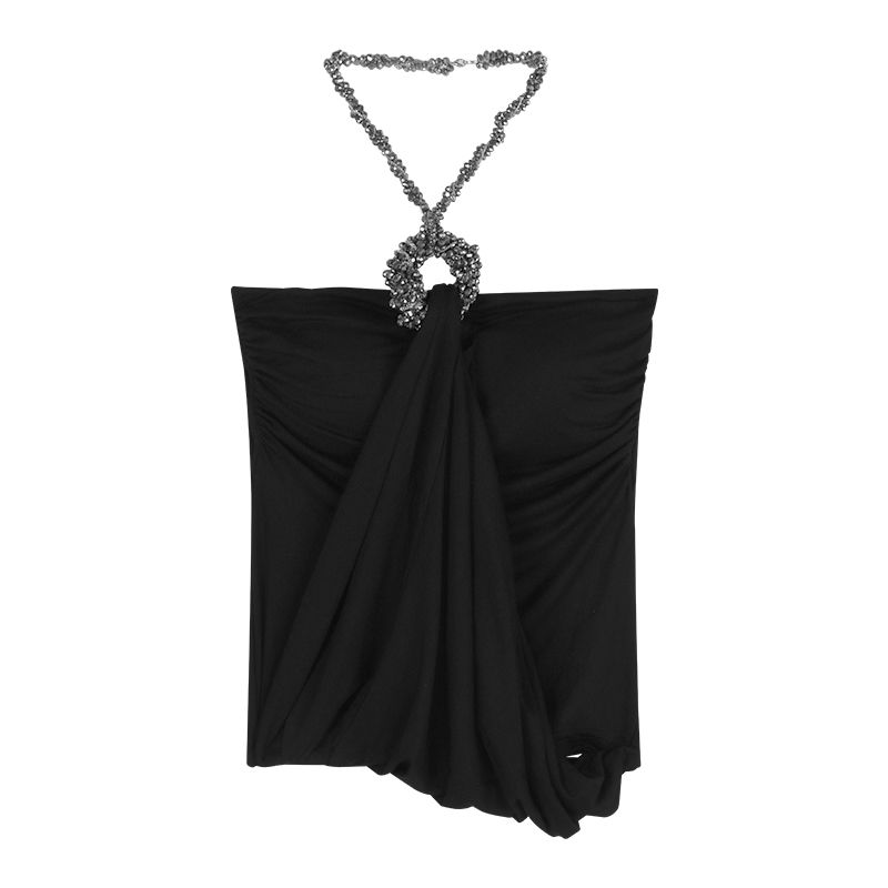 Strass Neckholder Camisole für Frauen, Sommer Schwarzes Ärmelloses Tube Top, Socialite Style, Sexy Eng anliegendes Top_voghion.com