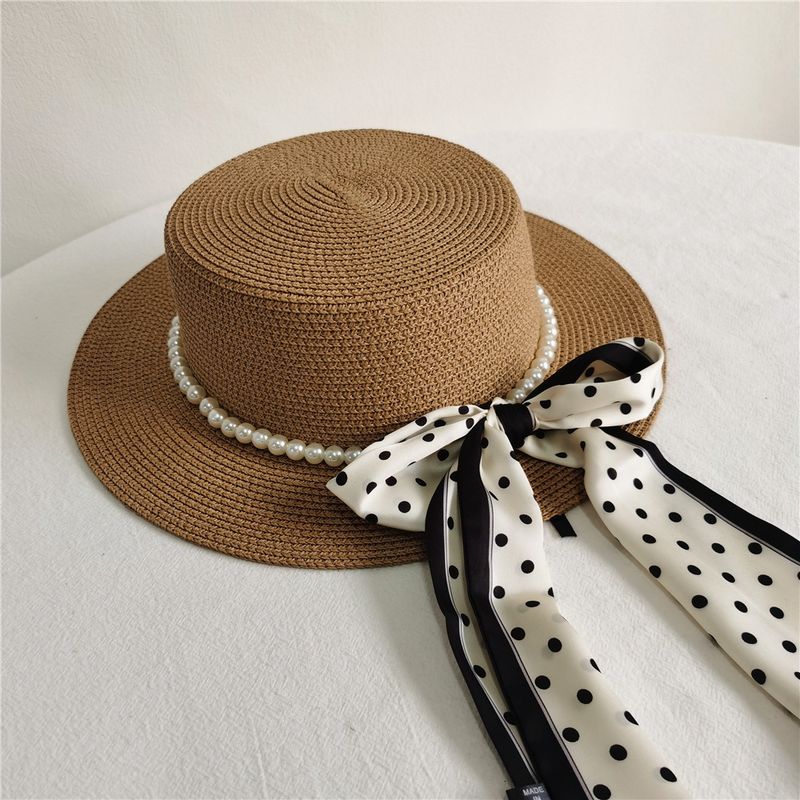 Cappello francese Cappello parasole estivo stile Hepburn Cappello coreano elegante a pois con nastro piatto di perle per gita Piccolo cappello fresco_voghion.com
