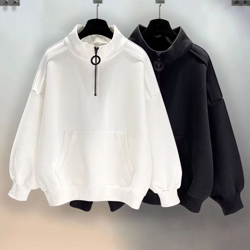 Felpa da uomo con mezza zip – Pullover oversize streetwear con orlo a coste e tasche multiuso (nero/bianco)_voghion.com
