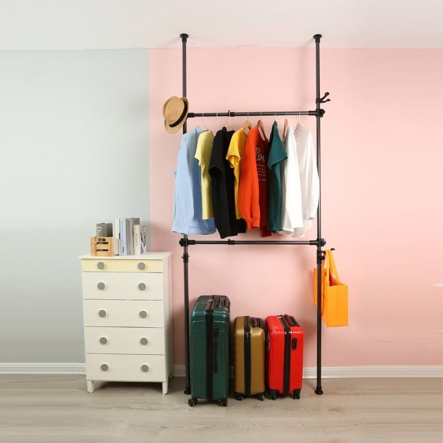 Telescopic Garment Rack, Heavy Duty Design Movable DIY By Hand No Damage To Wall Ceiling Hanging Rail, 31-47in Wide Adjustable, 120 Kilogram Loading, Reach Hook Included,Black_voghion.com