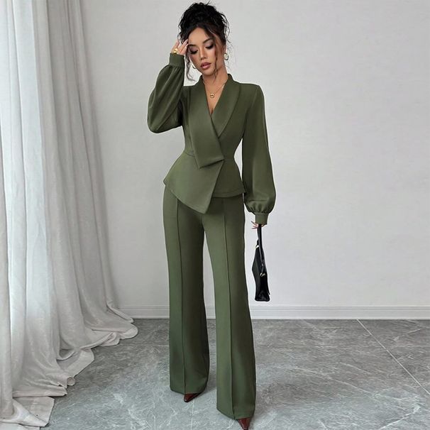 Completo blusa e pantaloni dolce e sofisticato – Completo da ufficio a maniche lunghe verde militare con maniche a lanterna (S-Xxl)_voghion.com