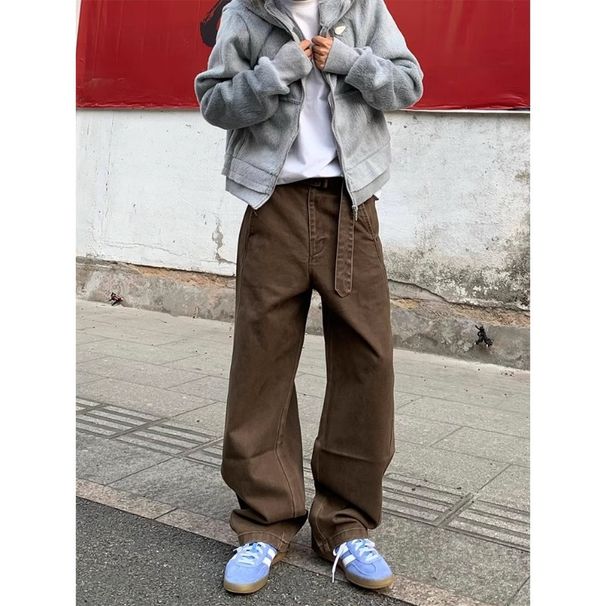 Brown Adjustable Waist Belt Scimitar Style Cargo Loose Fit Three-Dimensional Line Slimming Pants For Men_voghion.com