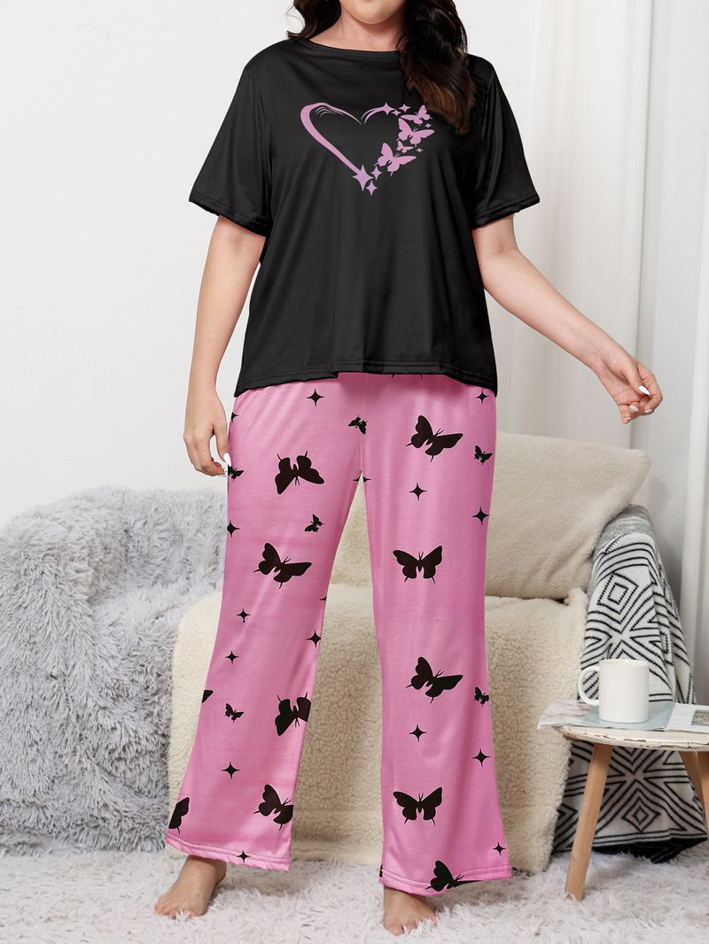 Conjunto de ropa de mujer para el hogar, manga corta, pantalones largos, informal, holgado, de verano, con cuello redondo_voghion.com