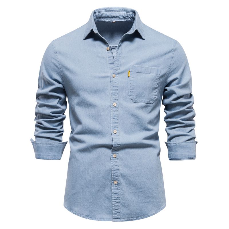 Men's Clothing denim non-ironing shirt men's casual solid color men's long-sleeved shirt_voghion.com