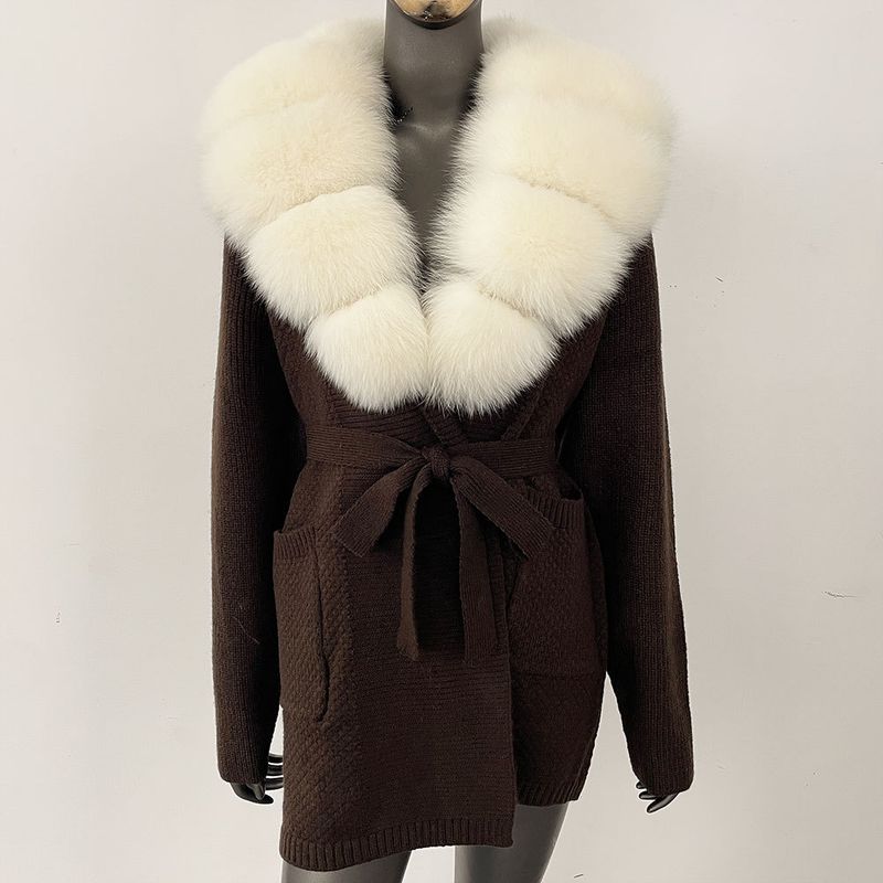 ​​Women's Oversized Knit Cardigan With Real Fox Fur Collar – Mid-Length Cozy Sweater (Multiple Colors, One Size Fits All)​​_voghion.com