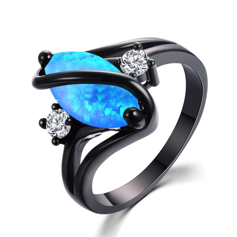 Anello in zircone bianco ovale a forma di S con opale occhio di cavallo in oro nero_voghion.com