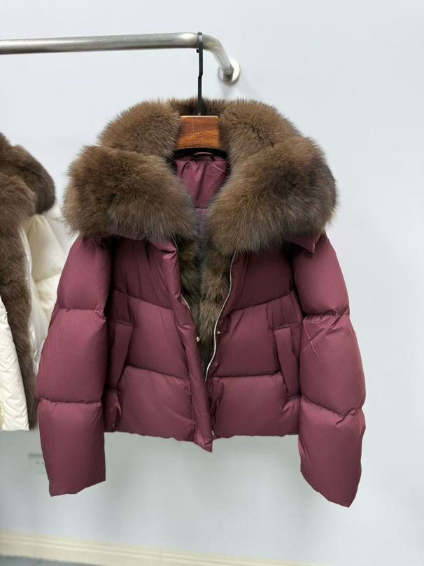 Women's Premium Fox Fur-Trimmed Short Puffer Jacket – Oversized Duck Down Coat With Detachable Collar (S-XL, Pastel & Jewel Tones)_voghion.com