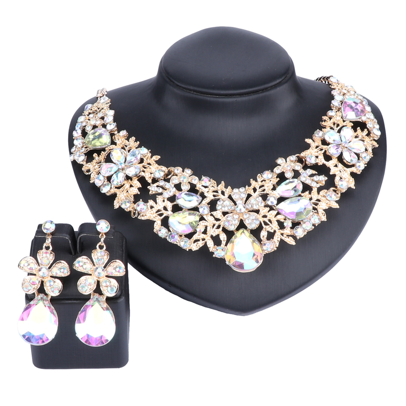 Vrouwen bruids strass kristal traan bruiloft statement ketting oorbel kraag boho sieradensets voor bruiden_voghion.com