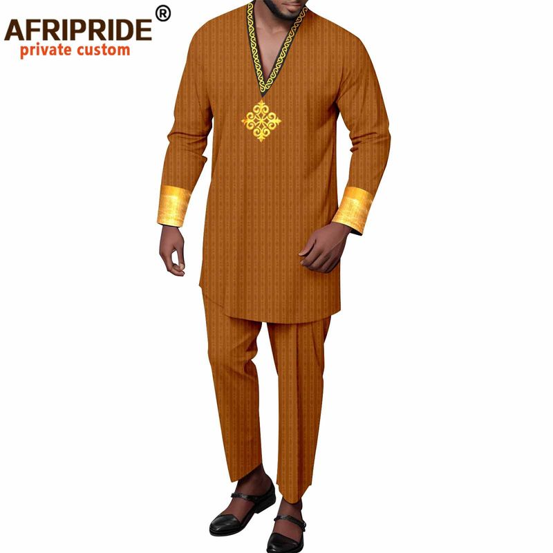 Männer Kleeder afrikanesch ethnesch zolidd Faarf Kotteng Männer Casual Jacket + Hosen_voghion.com