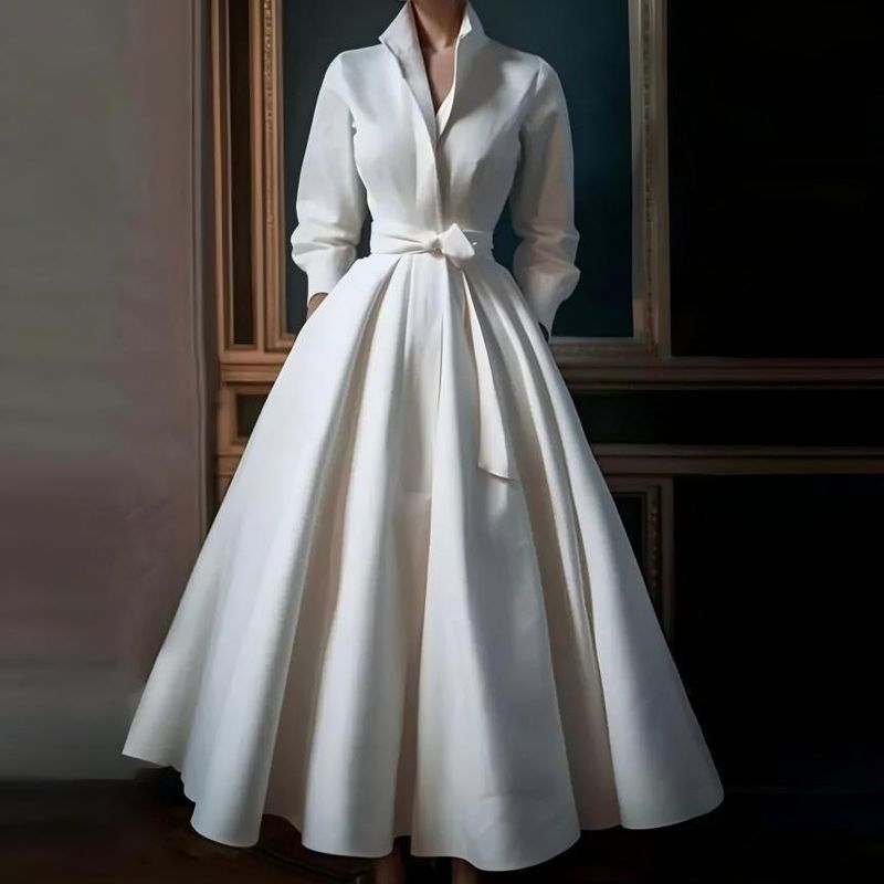 Abbigliamento donna Abito da sposa francese leggero Sposa retrò semplice stile foresta Colletto alto Stile lungo Temperamento Scollo a V Abito da sera per uscire Donna_voghion.com