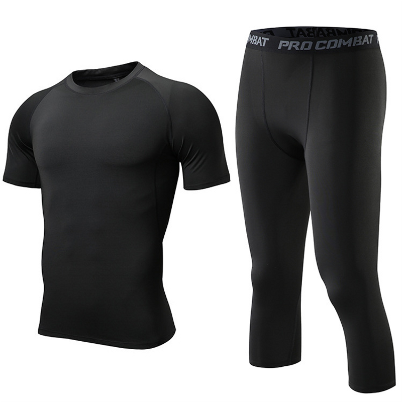 Men's sports tights Short sleeve fitness suit men's quick drying basketball running capri pants sports suit for men_voghion.com