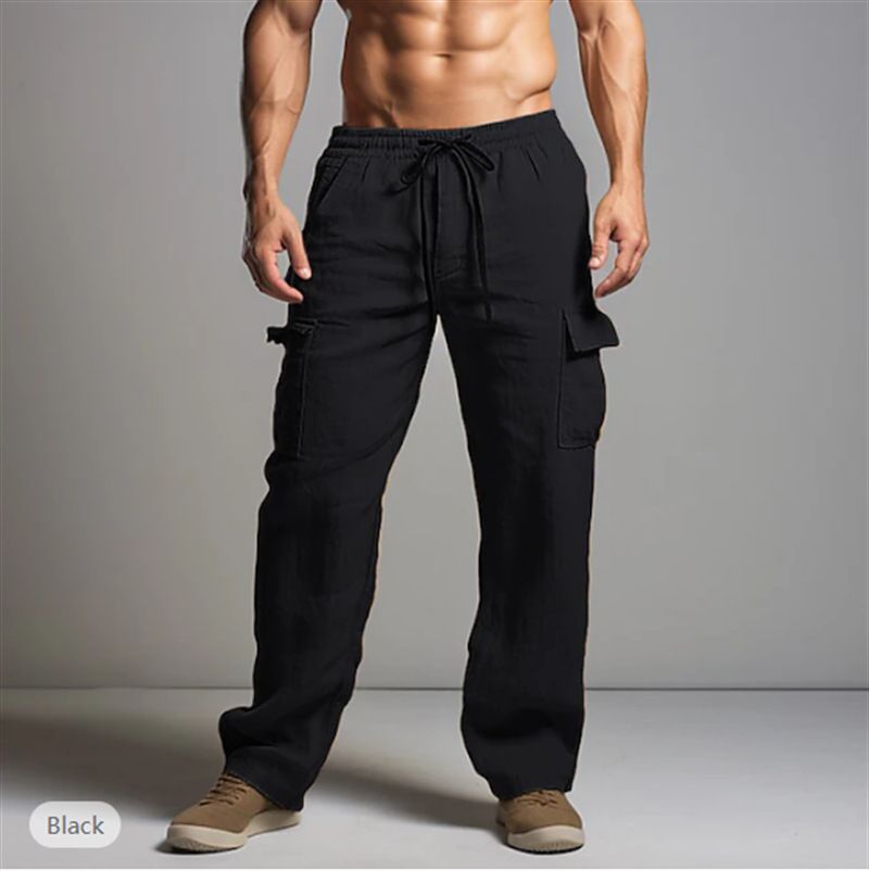 Herrenbekleidung Neue Hose aus Baumwolle und Leinen mit Kordelzug und elastischer Taille, gerades Bein, einfarbig, atmungsaktiv, für den Alltag, lässig, mittellange Hose_voghion.com