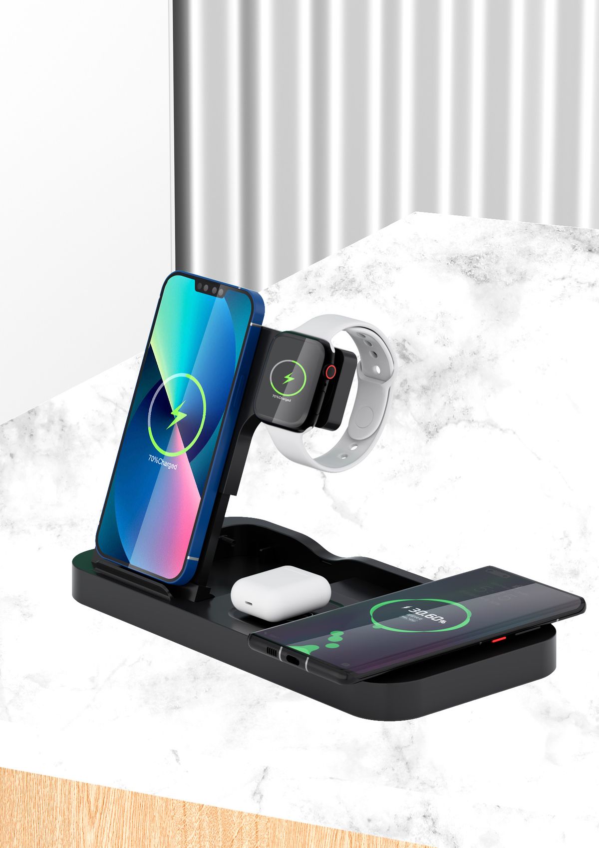 Bezvadu lādētājs 4 vienā iPhone 12 Pro Max 14 Plus 13 11 Samsung Xiaomi Oneplus Dual 15W salokāma ātrās uzlādes stacija_voghion.com