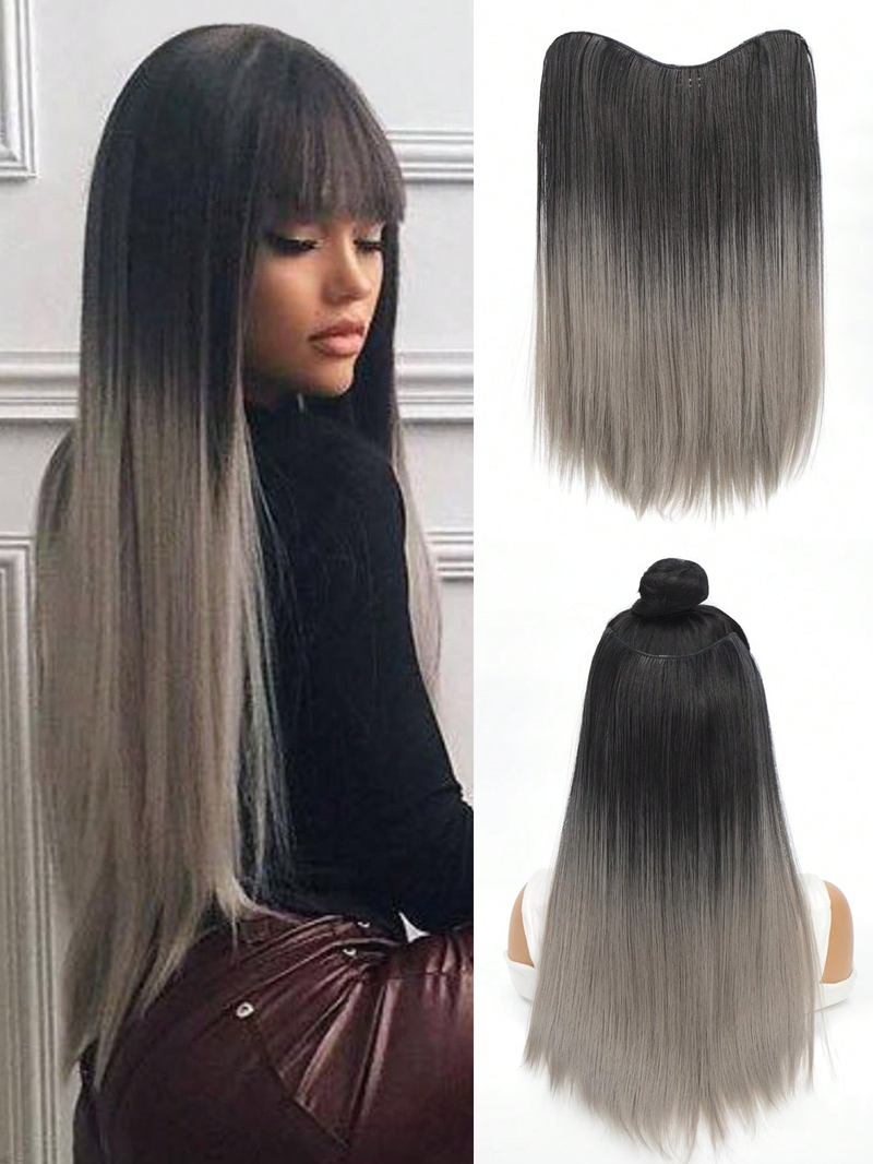 Clipe de cinco cartões em sintético longo reto uma peça extensão do cabelo sem costura resistente ao calor preto gradiente cinza_voghion.com