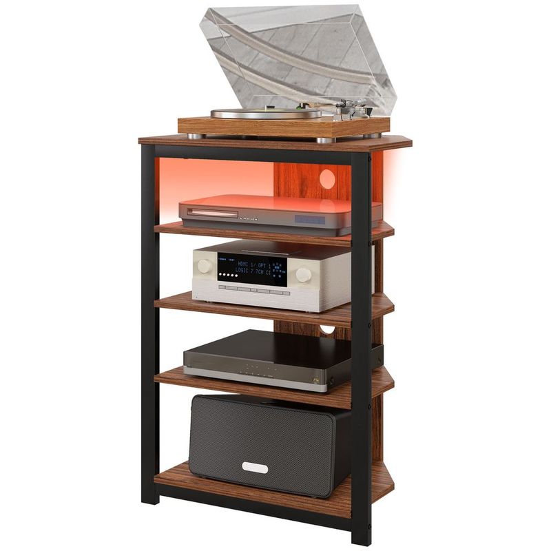 HOMCOM TV Stand With LED Lights, AV Media Stand, Corner Audio Tower With Storage Shelves &amp; Steel Frame, For Living Room, Brown_voghion.com