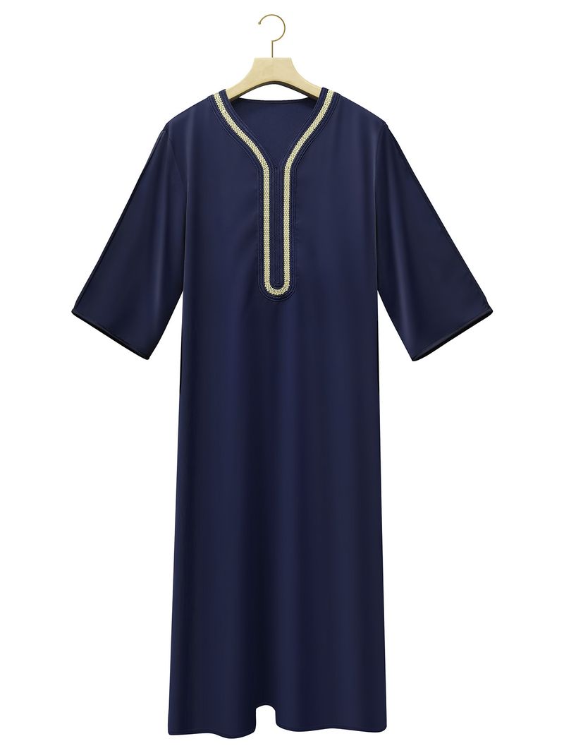2025 New Middle East Cross Border Foreign Trade Muslim Mid Sleeve Embroidery National Style Moroccan Men's Robe Side Pockets_voghion.com