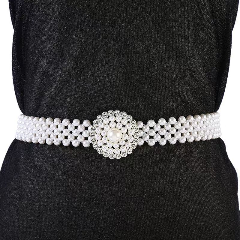 W Korean Version Women's Double Four Row Pearl Elastic Waistband Dress Accessory Versatile Belt 11 Styles_voghion.com