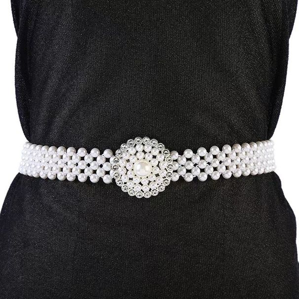 W Korean Version Women's Double Four Row Pearl Elastic Waistband Dress Accessory Versatile Belt 11 Styles_voghion.com