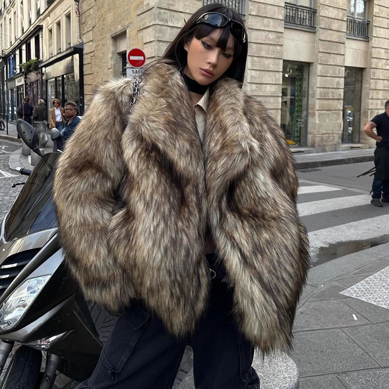 Women's Clothing Women's fur coat raccoon fur coat brown lapel environmentally friendly fur warm fur coat_voghion.com