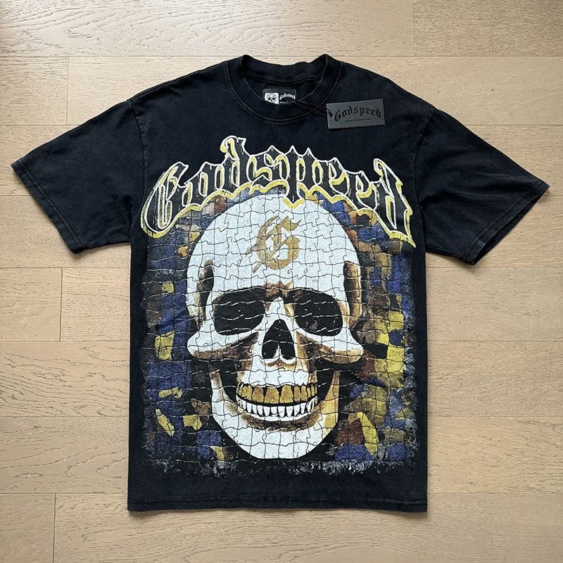 Herenkleding 25 Cross Border Europees en Amerikaans Godspeed American Rock Street Retro Gewassen Oud Bedrukt Puur Katoen Korte T-Mouwen_voghion.com