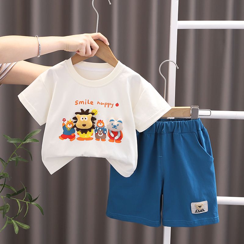 Kostüm 2024 Nei Kanner Cartoon Dënn Kleeder Jongen Summer Popp Kuerzärm Zwee-Stéck Set_voghion.com