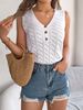 Summer New Solid Color Button V-Neck Hollow Sleeveless Top Vacation Knitted Shirt Women's Clothing_voghion.com