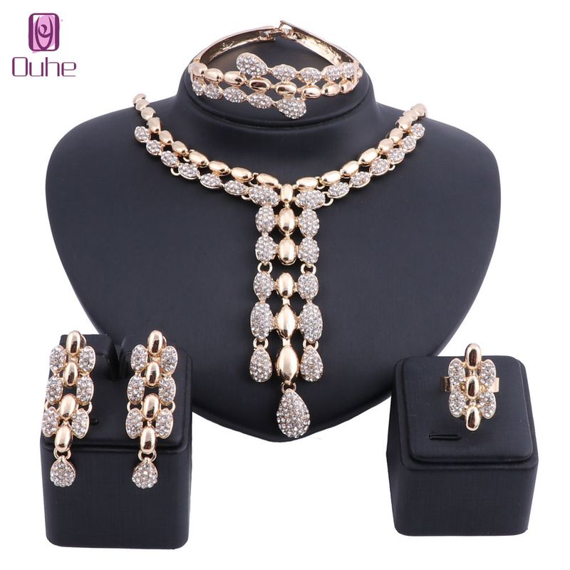 Fashion Women Wedding Necklaces Sets Vintage Rhinestone Choker Pendants Necklaces Earring Ring Bangle Jewelry Sets_voghion.com