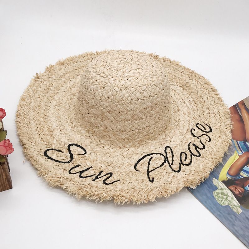 Embroidered letter raffia hat for women summer beach wide brim sun hat foldable large brim straw hat large brim hat_voghion.com