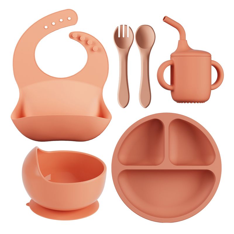 Coffret de vaisselle pour enfant 6 pièces, cuillère alimentaire en silicone, bavoir bébé apprenant à manger, bol ventouse_voghion.com