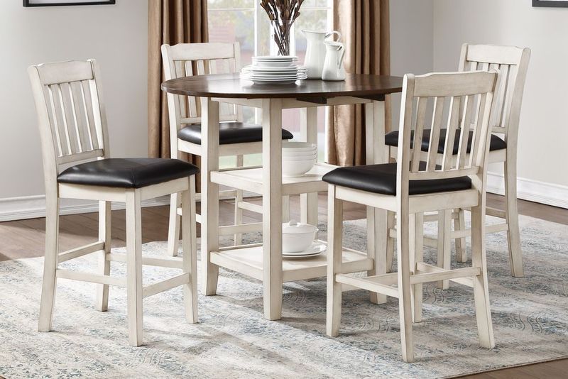 White And Dark Cherry Finish 5pc Counter Height Set Table With 2x Bottom Shelves Drop Side Leaves And 4 Chairs Kitchen Dining Furniture_voghion.com
