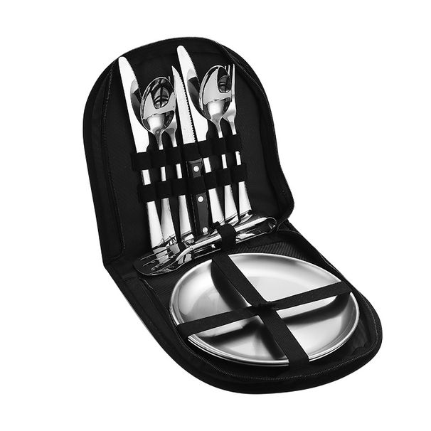 Zestaw sztućców ze stali nierdzewnej na zewnątrz, nóż do steków, widelec, łyżka, torba materiałowa, zestaw sztućców_voghion.com