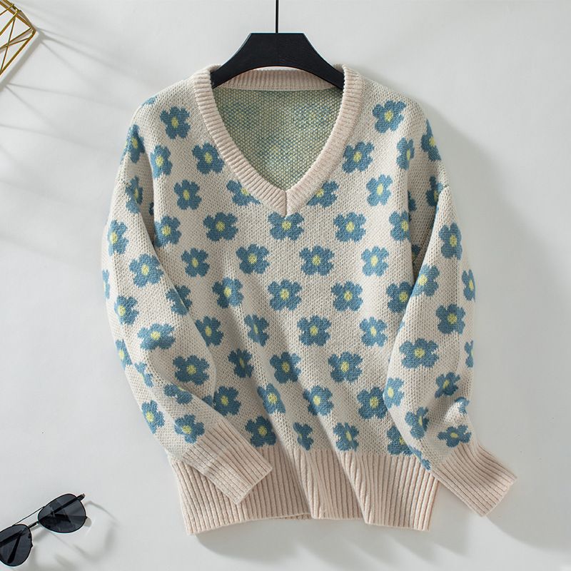 Pullover mit V-Ausschnitt und Nieselregen-Blumenmuster, Jacquard-Muster, für Damen, Herbst und Winter, neues lässiges Strickoberteil für Damen_voghion.com